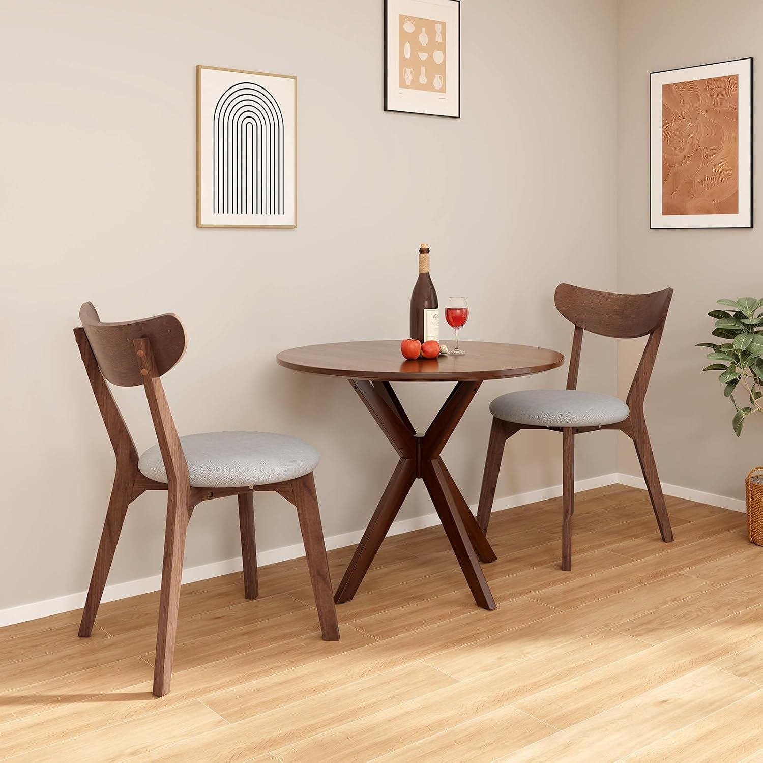 ERGOMASTER 3-Piece Dining Table Set for 2, 36' Kitchen Round Table with 2 Chairs, Rubber Wood Legs, Brown