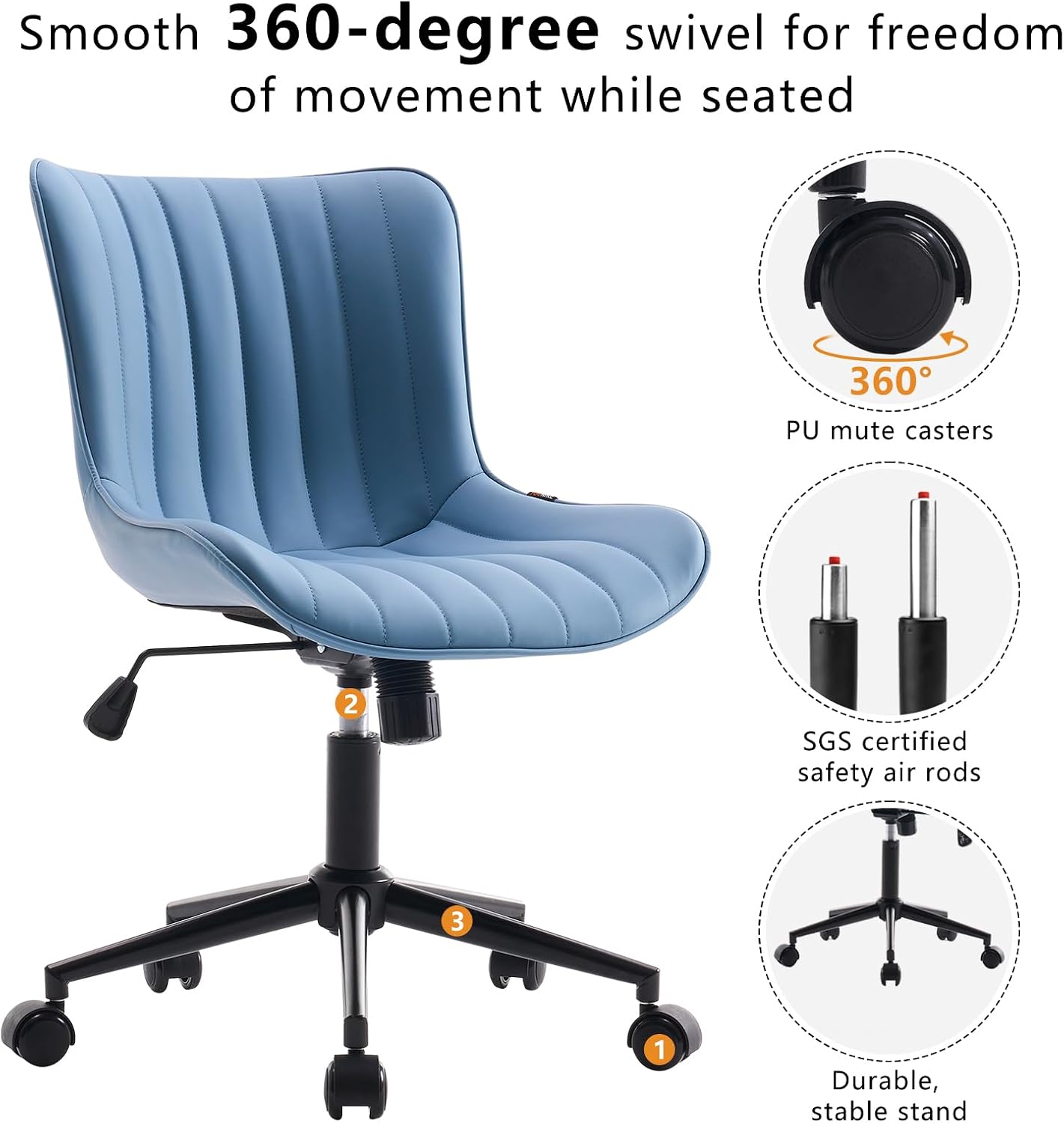 YOUNIKE Blue Office Desk Chair with Wheels Comfy Armless Vanity Chair with Back Modern Small Faux Leather Upholstered Rolling Task Chair Cute Computer Drafting Sewing Chair Swivel Adjustable Compact