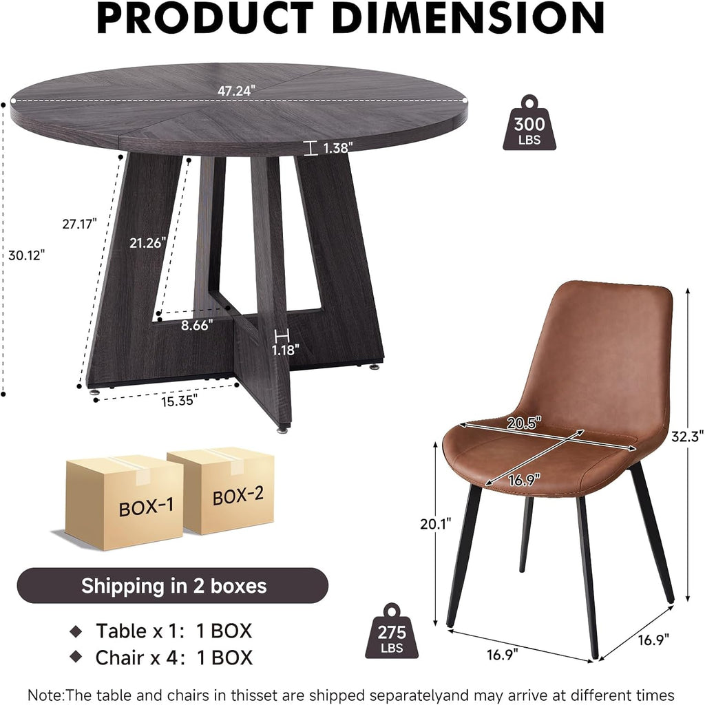 47 inch Round Dining Table Set for 4 with Chairs Kitchen Table and Chairs Set Mid-Century Modern Round Wood Kitchen Tables with Upholstered Synthetic Leather Chairs Set of 4