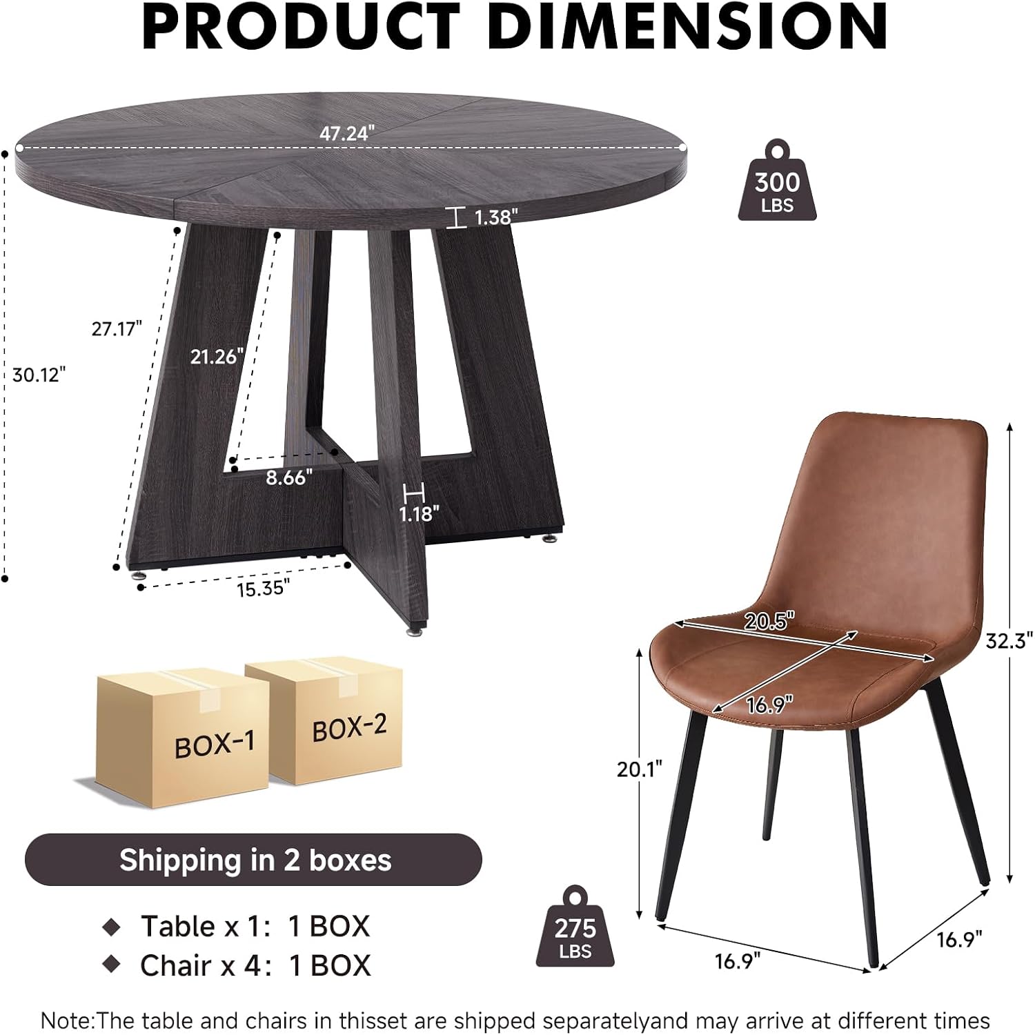 47 inch Round Dining Table Set for 4 with Chairs Kitchen Table and Chairs Set Mid-Century Modern Round Wood Kitchen Tables with Upholstered Synthetic Leather Chairs Set of 4