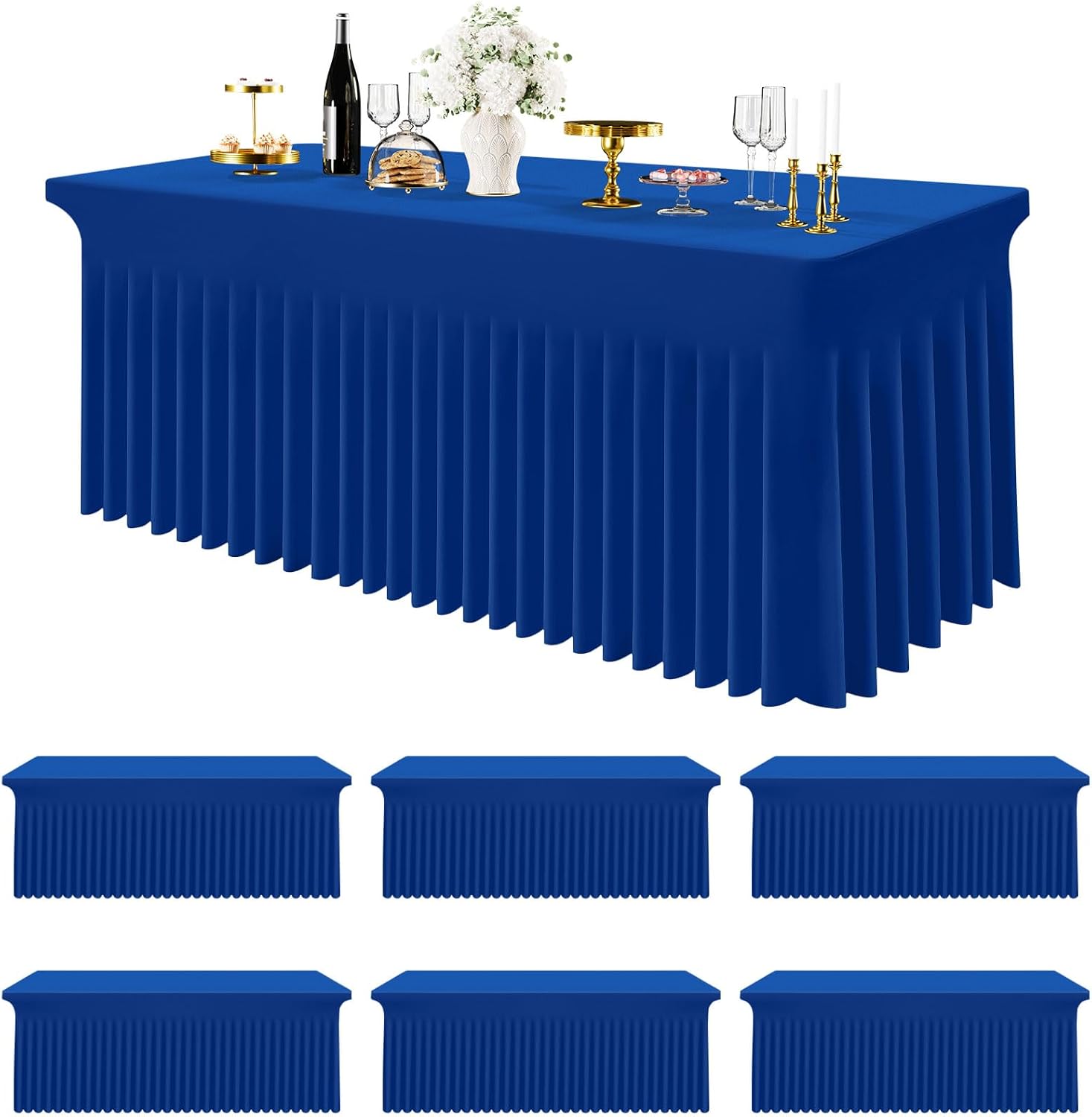 Smiry Spandex Tablecloth 6 Pack, Elastic Fitted Stretch Tablecloth for 6FT Rectangle Tables, Waterproof Washable Table Cover Skirt for Wedding, Banquet & Parties (Blue, 72Lx30Wx30H Inch)