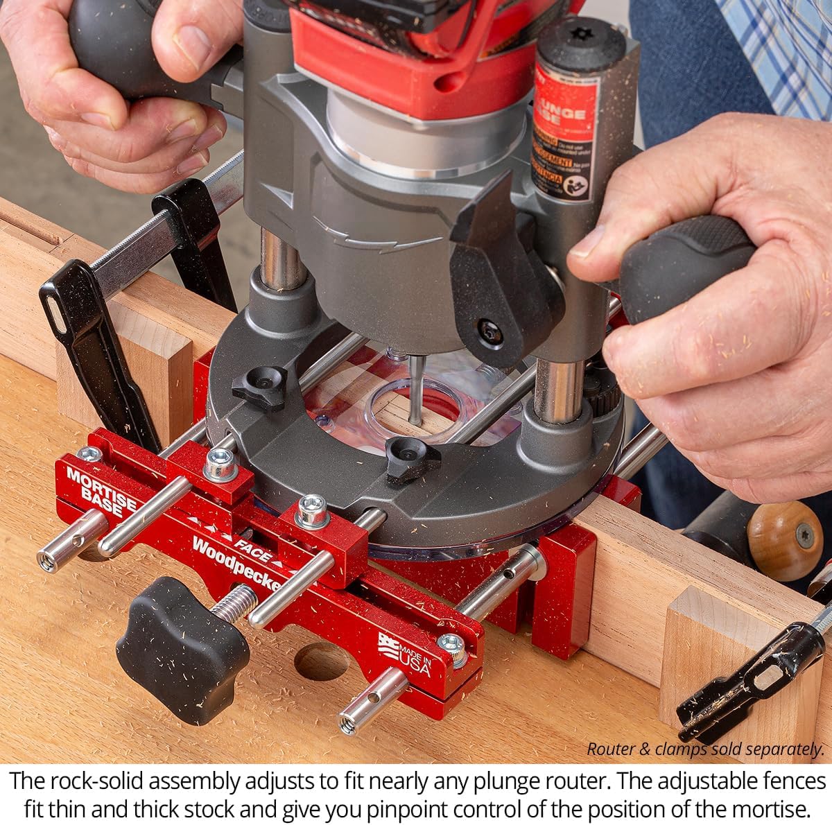 Woodpeckers Mortise Base, Dual-Fence Adjustable Router Base for Precise Mortising and Edge Guiding, Fits Plunge Routers with 10mm Guide Rods, Aluminum & Stainless Construction, Made in USA MB-10