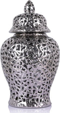 Pierced Ginger Jar Vase with Lid - 15.7' Tall Decorative Ceramic Jar for Home Decor, Centerpiece for Living Room, Dining Room, Entryway, or Office, Large Vase for Flowers (Silver)