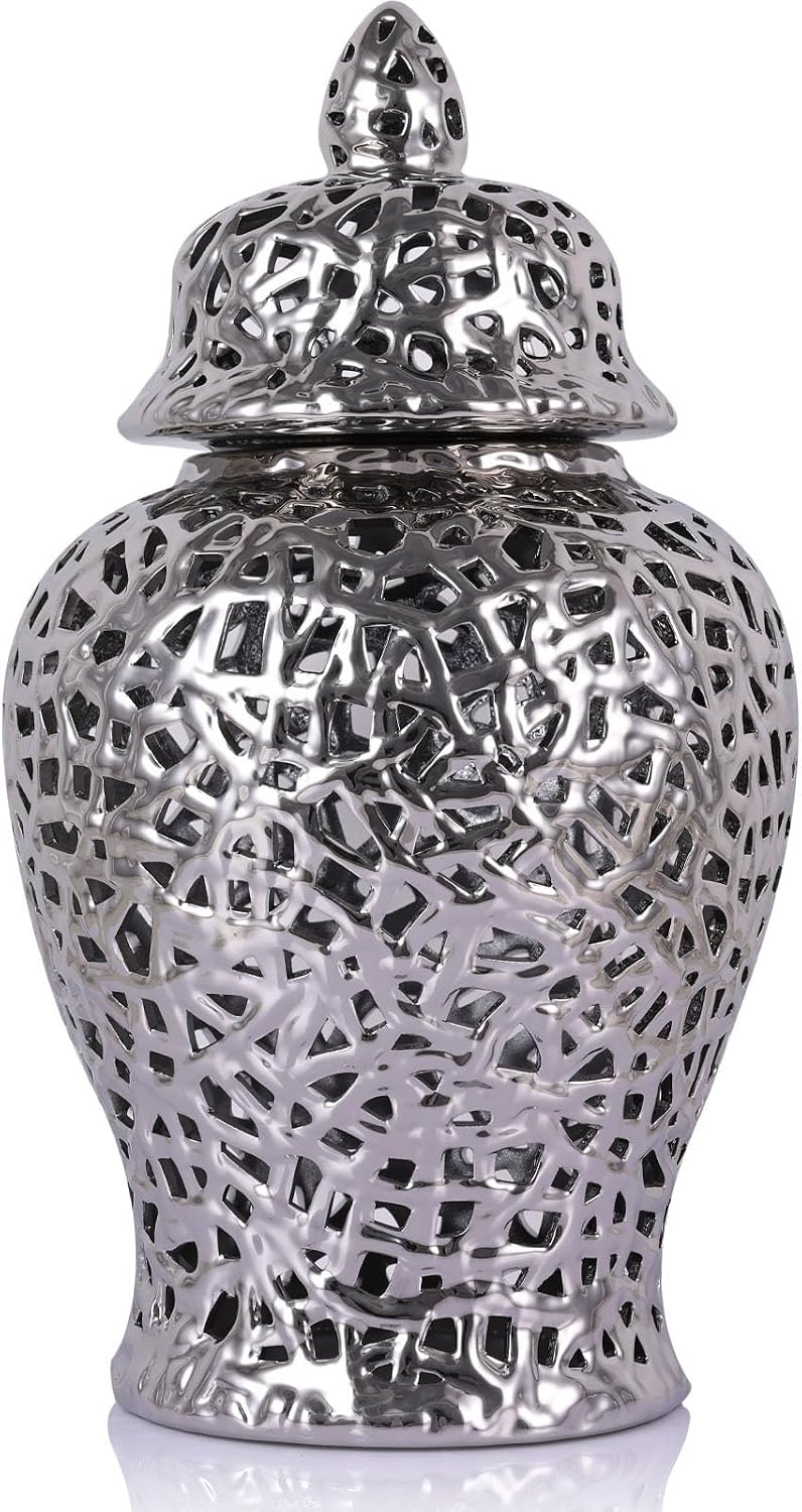 Pierced Ginger Jar Vase with Lid - 15.7' Tall Decorative Ceramic Jar for Home Decor, Centerpiece for Living Room, Dining Room, Entryway, or Office, Large Vase for Flowers (Silver)