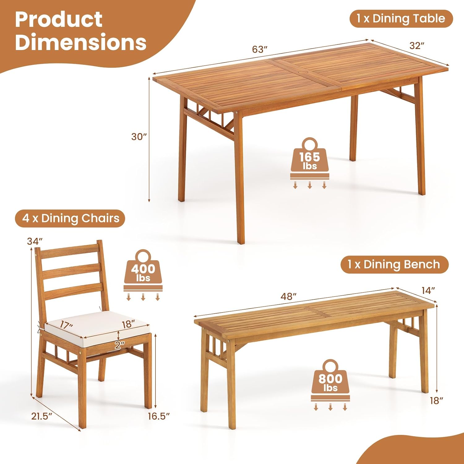 Tangkula 6 Pieces Patio Acacia Wood Dining Set, Outdoor Rectangular Table with 1.97' Umbrella Hole, Bench and Cushioned Chairs for 6, for Deck, Yard and Poolside