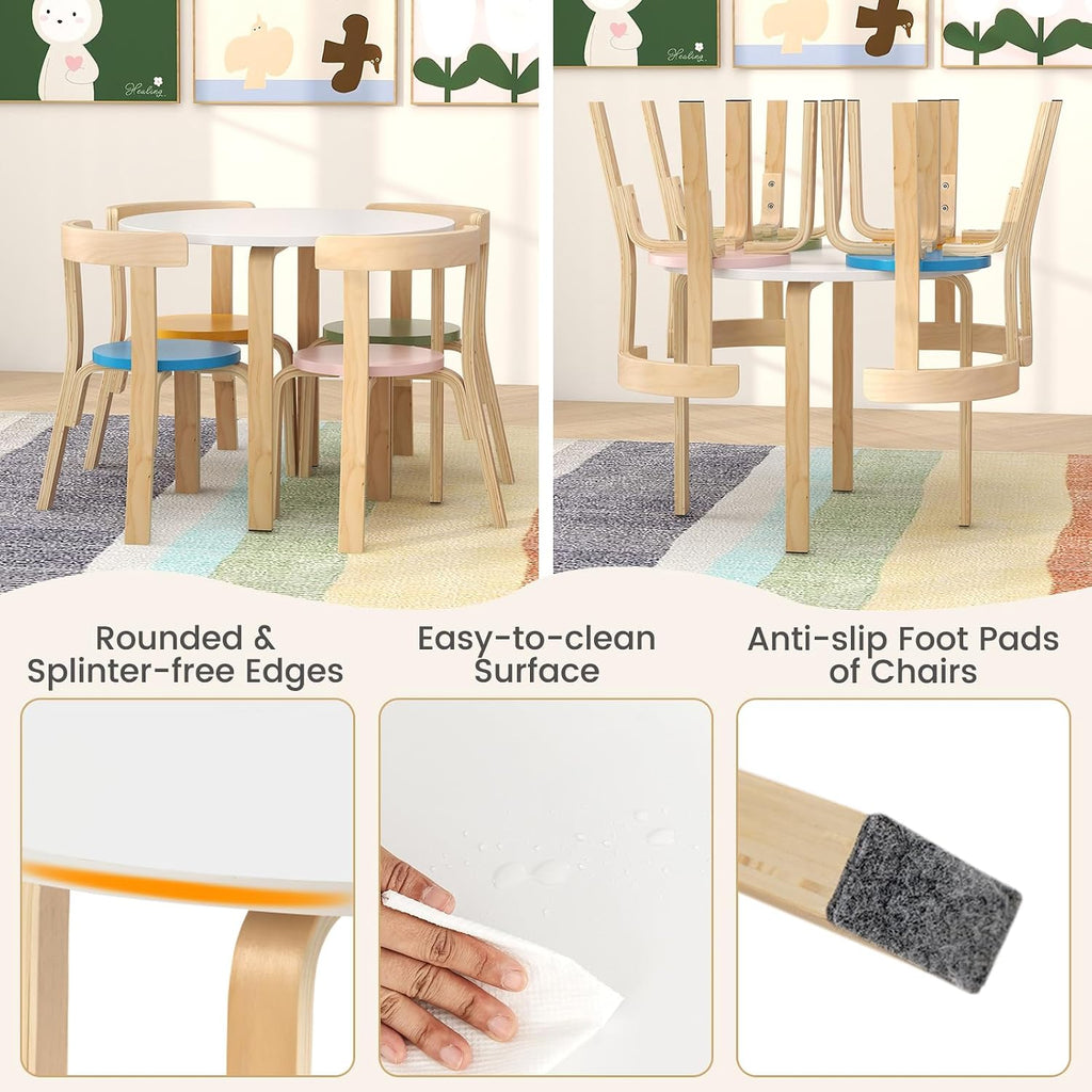 HONEY JOY Kids Table and Chair Set, Bentwood Toddler Round Table and 4 Chairs for Craft Art, Building Block, 5-Piece Children Furniture Set for Daycare, Kindergarten, Playroom (Colorful)