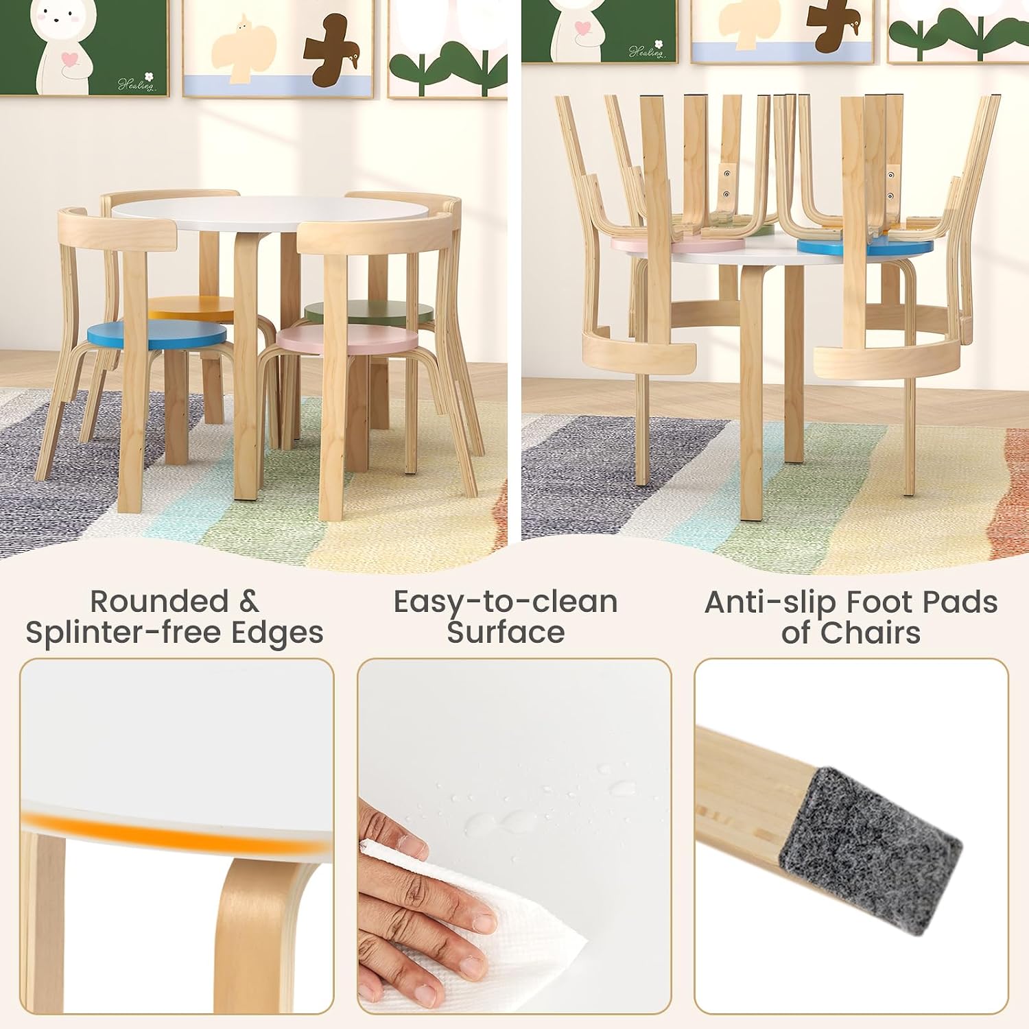 HONEY JOY Kids Table and Chair Set, Bentwood Toddler Round Table and 4 Chairs for Craft Art, Building Block, 5-Piece Children Furniture Set for Daycare, Kindergarten, Playroom (Colorful)