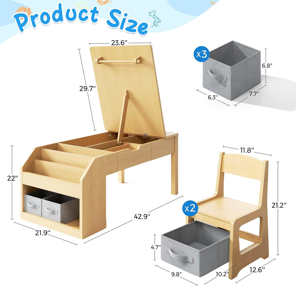 5-in-1 Kids Art Table and Chairs, Toddler Table and Chair Set, Craft Play Desk for Kids, Convertible Art Easel with Paper Roll Holder & Storage Drawers, Children Activity Learning Center - Nature Wood