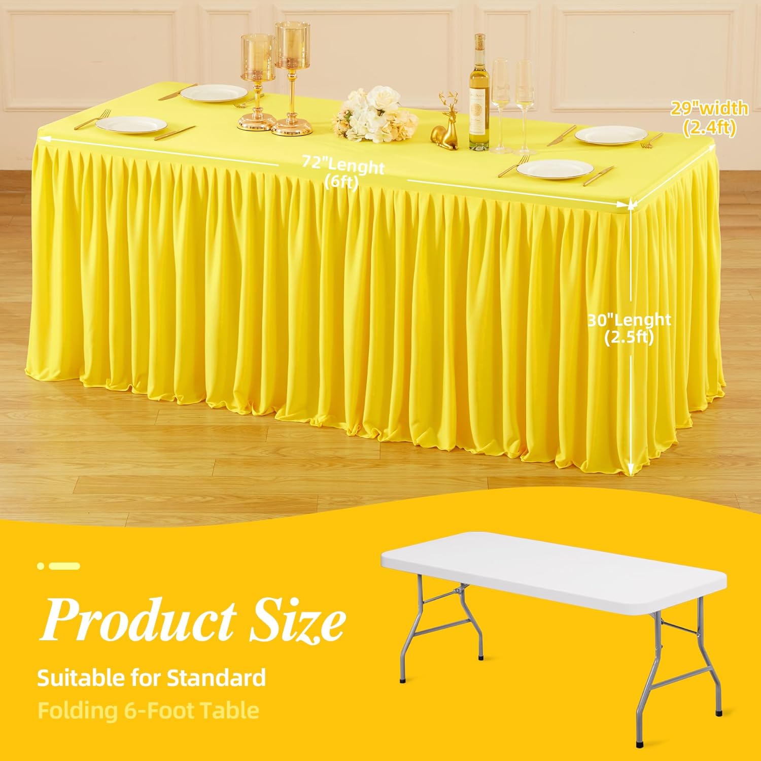 6 Pack Yellow Tablecloths for Rectangle Tables 8ft, Wrinkle Resistant Spandex Table Cover Fitted Stretch Table Cloth with Pleated Ruffle Skirts for Party Banquet Dining Birthday Wedding