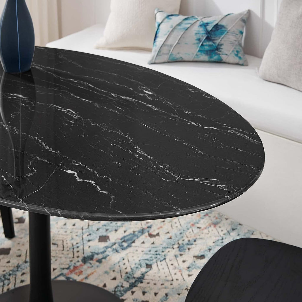 Modway Lippa Oval 54' Mid-Century Modern Artificial Marble Dining Table in Black Black