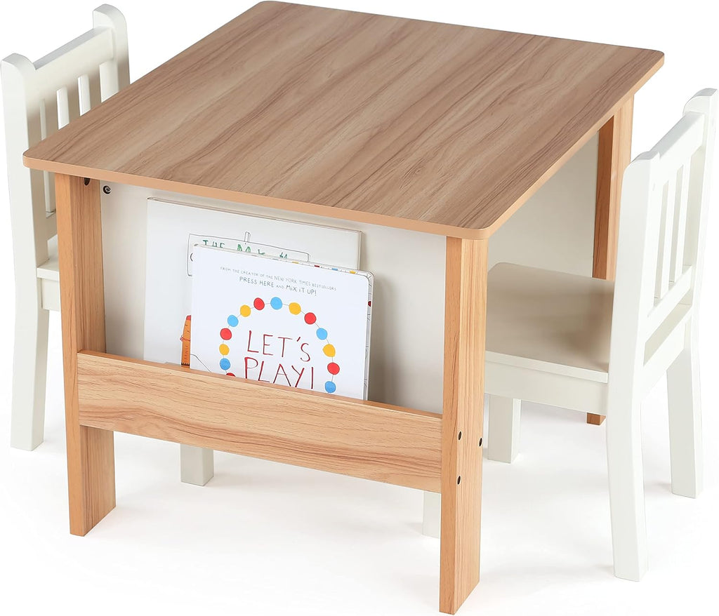 Humble Crew Kids Wood Table and 2 Chairs Set with Built-In Book Storage, Natural/White, Study and Activity Table for Toddlers Ages 3-8, Easy Assembly, Durable Wooden Furniture