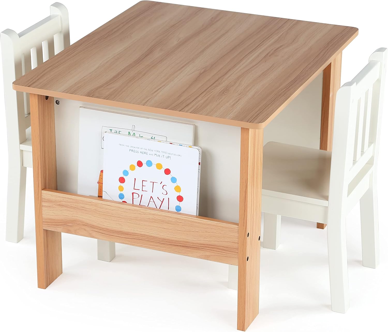 Humble Crew Kids Wood Table and 2 Chairs Set with Built-In Book Storage, Natural/White, Study and Activity Table for Toddlers Ages 3-8, Easy Assembly, Durable Wooden Furniture