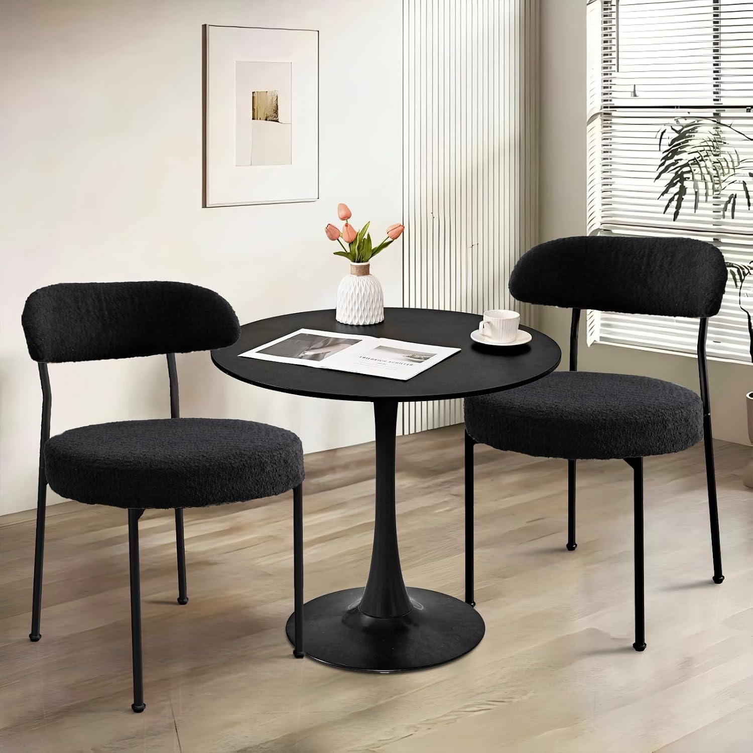 Dining Table and Chair Set 31.5' Black Round Table&2 Boucle Upholstered Chairs for Kitchen Dining Room Small Space 3 Piece Dining Table and Chair Set (Black)