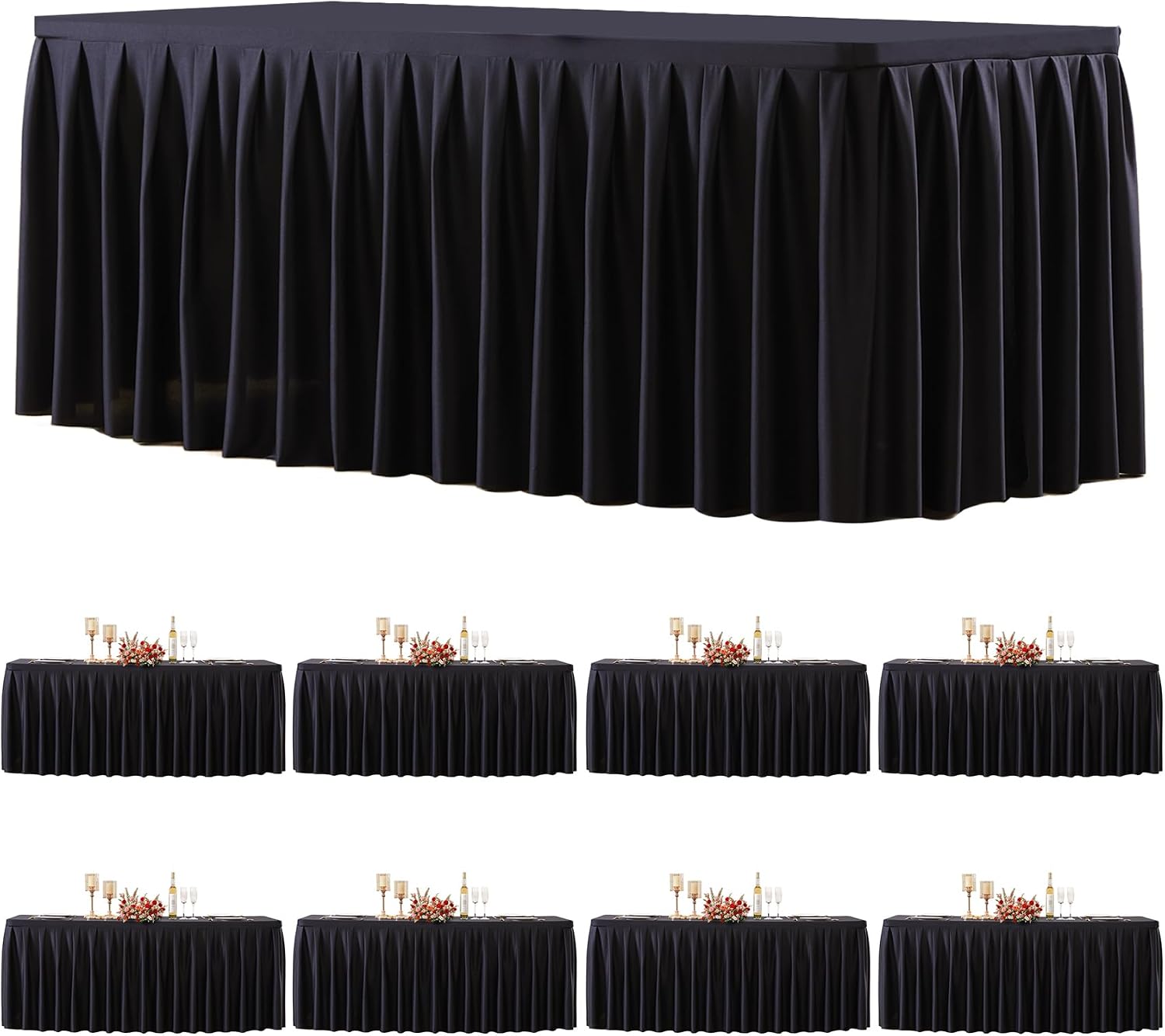 8 Pack Black Rectangle Tablecloth 8 FT Stretch Spandex Fitted Table Cloth for 8 Foot Rectangle Tables Banquet Tablecloths Wrinkle Free Table Cover Skirt Ruffle Tablecloth for Party Wedding Birthday