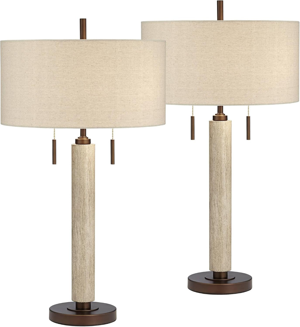 Franklin Iron Works Hugo 28 1/2' Tall Mid Century Modern Natural Cottage End Table Lamps Set of 2 USB Port Pull Chain White-Washed Wood Finish Oatmeal Shade Living Room Charging Bedroom Bedside