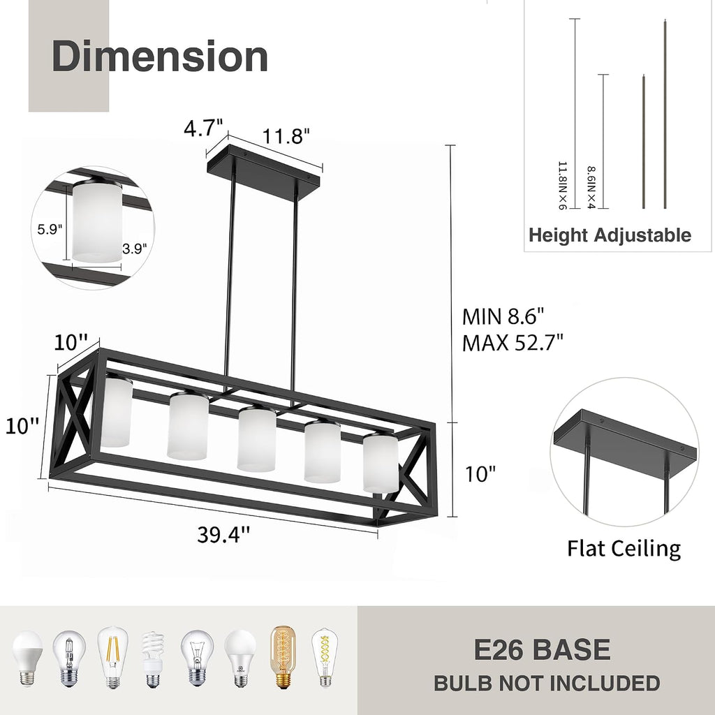 Black White Dining Room Light Fixture - 5 Light Rectangle Light Fixtures with Milk White Glass Shade & Adjustable Height & Thickened Metal Dining Table Lights Fixture Chandeliers for DiningRoom