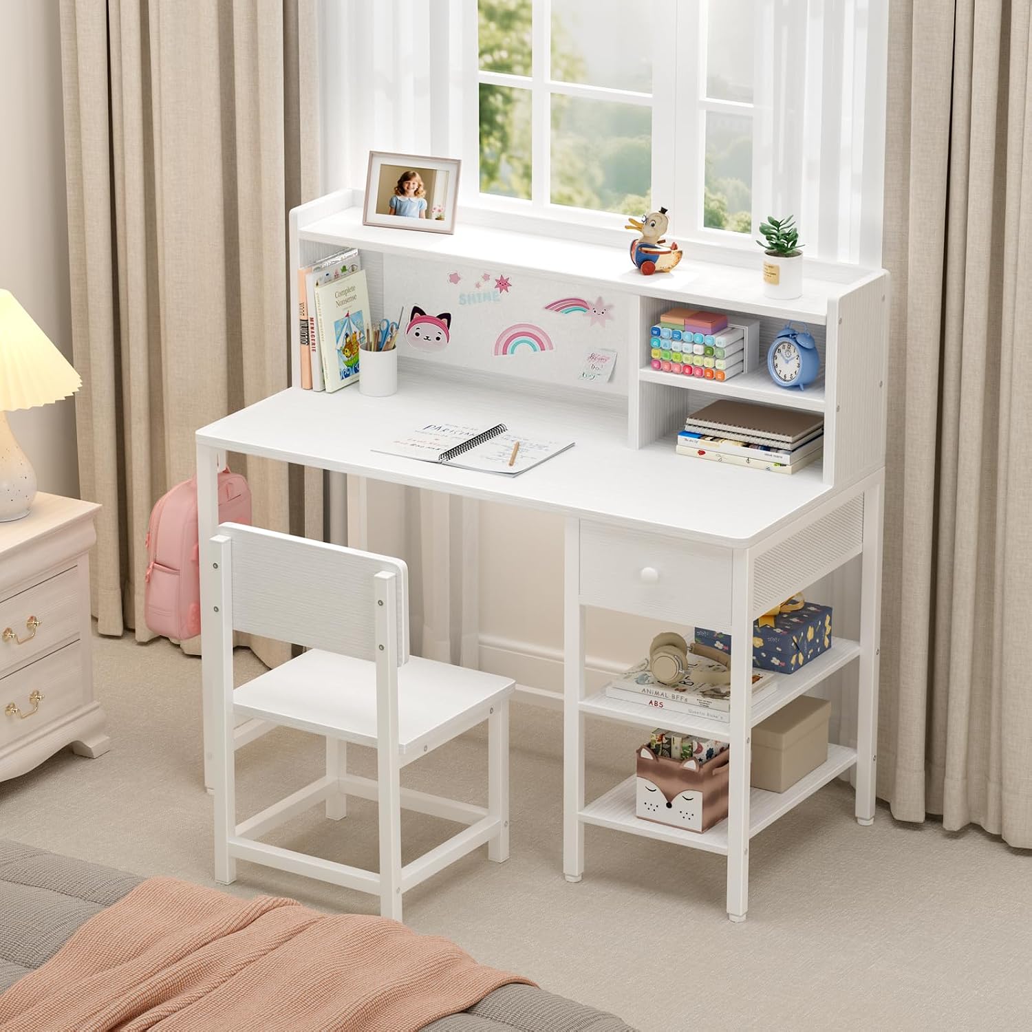 BOLUO White Kids Desk and Chair Set for 6-12 Year Old, Children Study Desk with Hutch and Storage Shelf, Student Writing Table with Fabric Drawer for Girls Boys