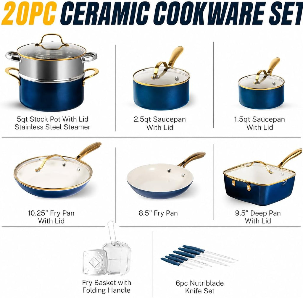 Gotham Steel 20pcs Pots and Pans Set Non Stick Ceramic Cookware Set with Deep Frying Pan Set & 6pc Knife Set, Improved Ti-Cerama Coating Made without PFOA PFOS Lasts 2x Longer, Oven & Dishwasher Safe