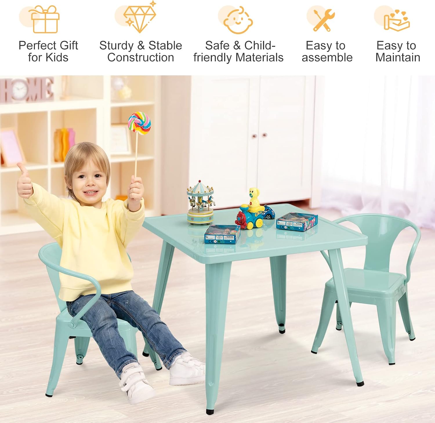 Costzon Kids Table and 2 Chair Set for Indoor/Outdoor Use, Steel Table and Stackable Chairs, Preschool, Bedroom, Playroom, Home, Furniture for Toddlers Boys & Girls(Mint Green, Table & Chairs)