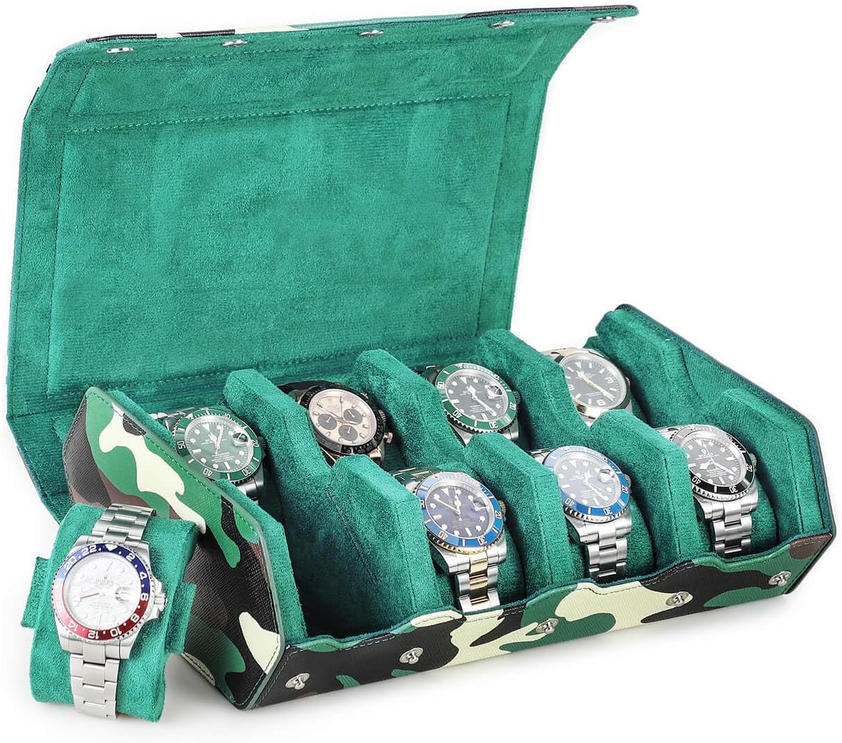 Hiram Genuine Leather Hexagon Watch Roll Travel Case, Military Camouflage Leather 8-Watches Roll Case with Removable Pillow Cushion for Treasured Watches and Bracelets-Camouflage Green