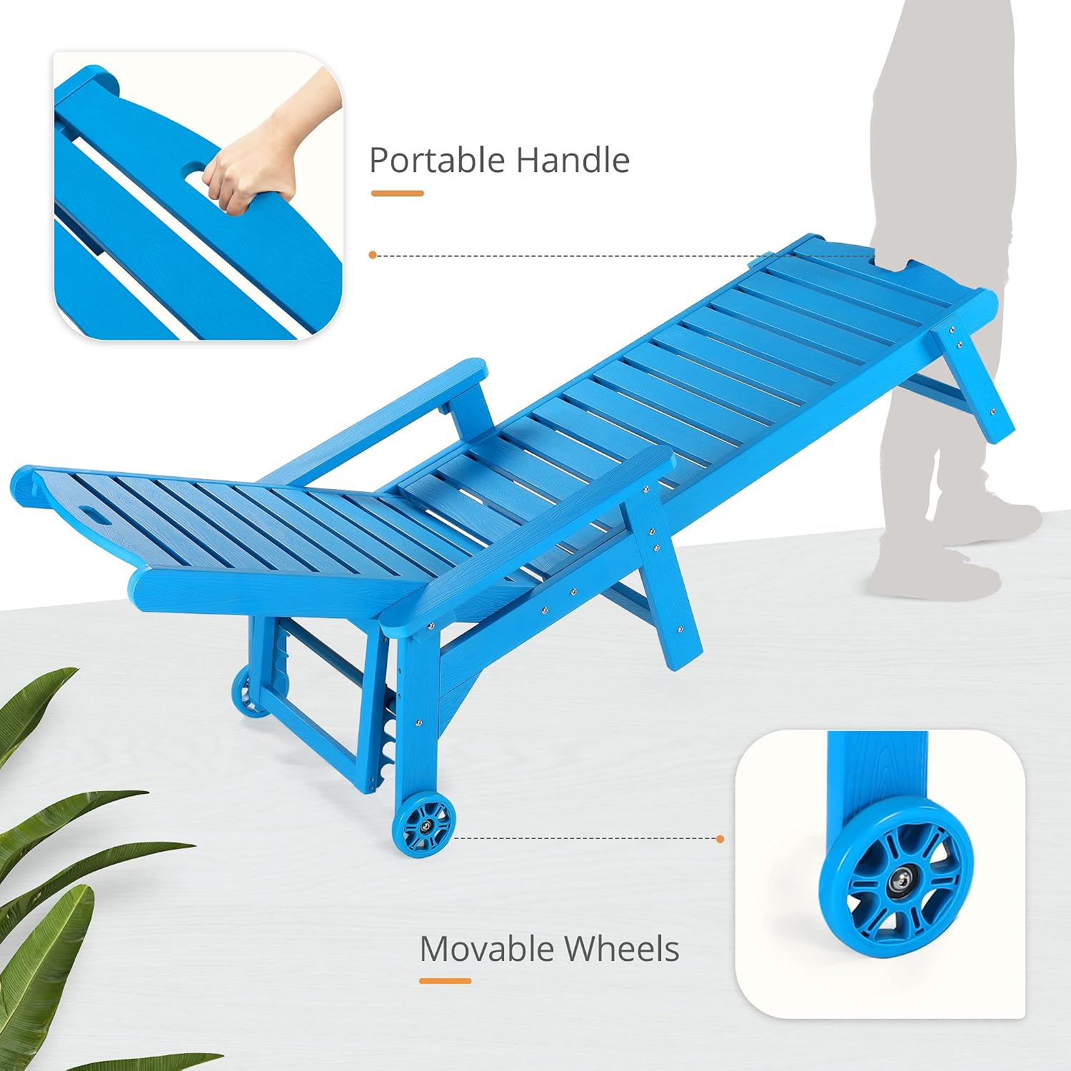 LUE BONA Chaise Lounge Chair with Table, 3-Piece, HDPS Chaise Lounger, 5 Positions Adjustable Lounge Chairs, Pool Lounge Chair with Wheels for Poolside, Backyard, Blue