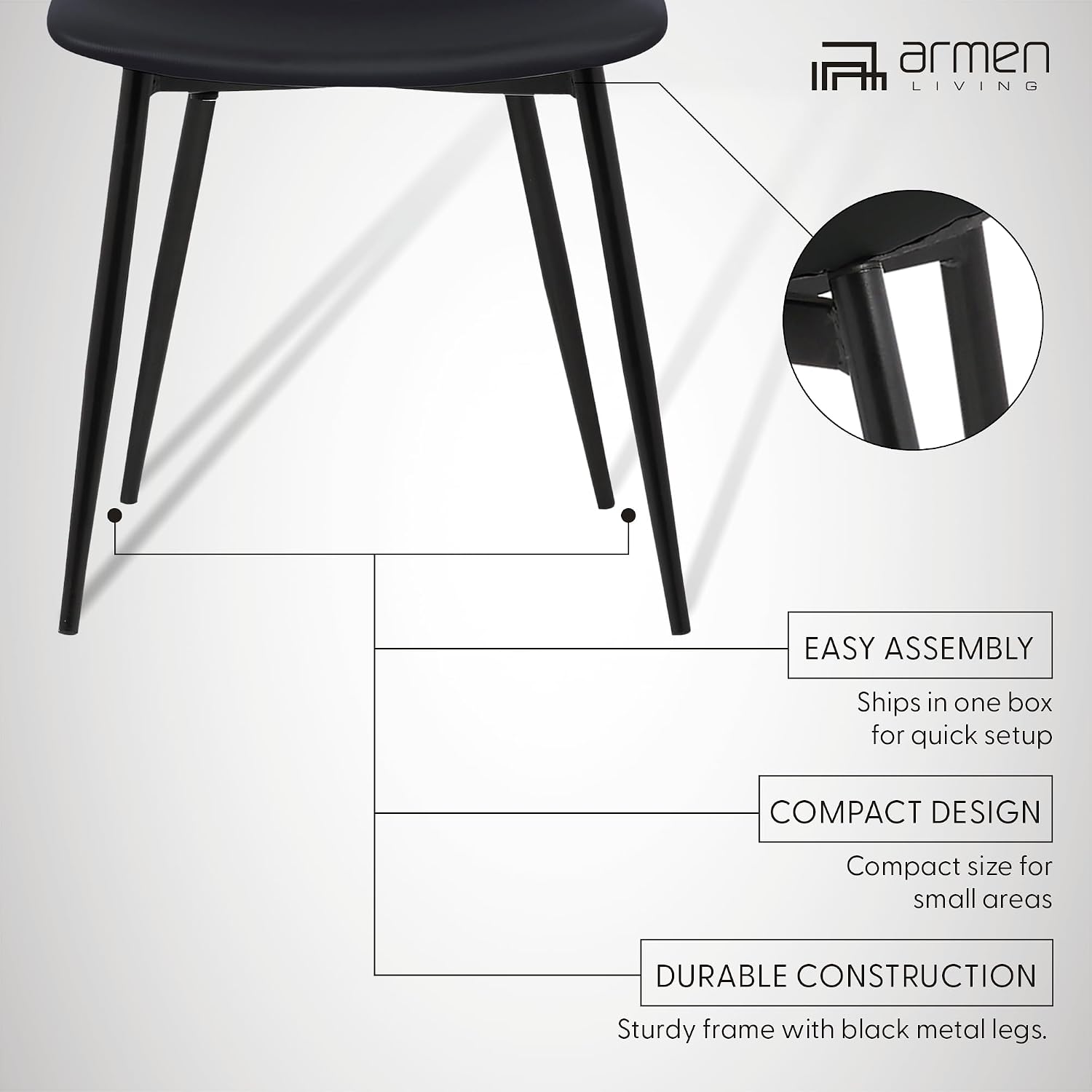 Armen Living Monte Mid Century Modern Dining Accent Chair for Table Kitchen Desk Vanity in Black Faux Leather with Black Metal Legs
