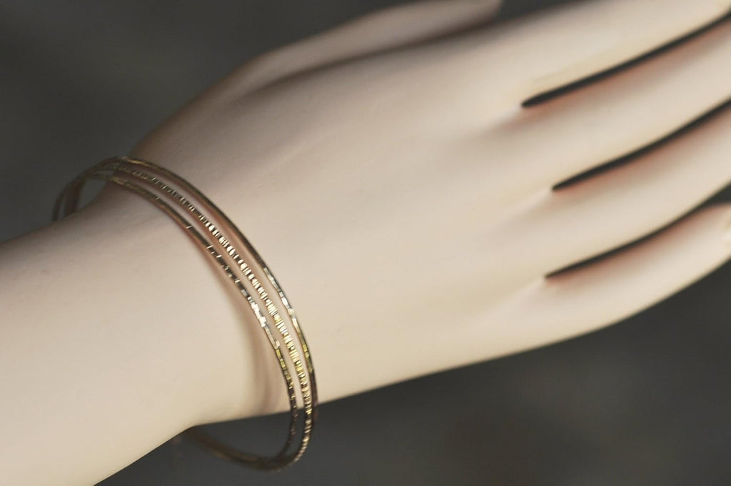 14k gold filled Bangles hammered slip on set of 3 textures, Mu-Yin Jewelry Handmade in USA