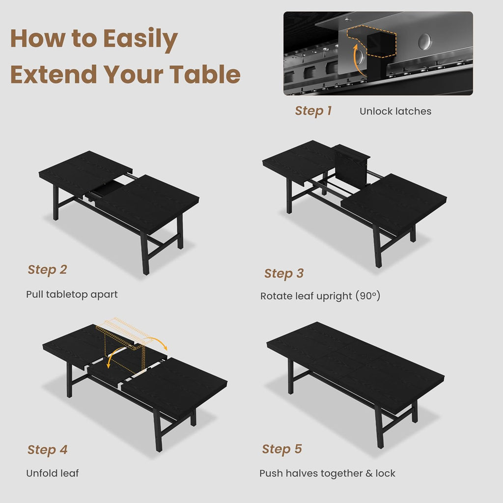 GarveeHome 63-83' Extendable Dining Table, Industrial Rectangular Dining Room Table for 6-8 People, Expandable Kitchen Table with Heavy Duty Metal Frame for Dining Room, Kitchen & Parties, Black