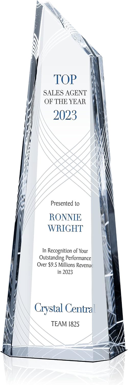 Crystal Peak Top Sales Award Trophy – Personalized Corporate Recognition Plaque with Custom Engraving for Sales Excellence, Quarterly Performance or Salesperson of The Year (S - 7')