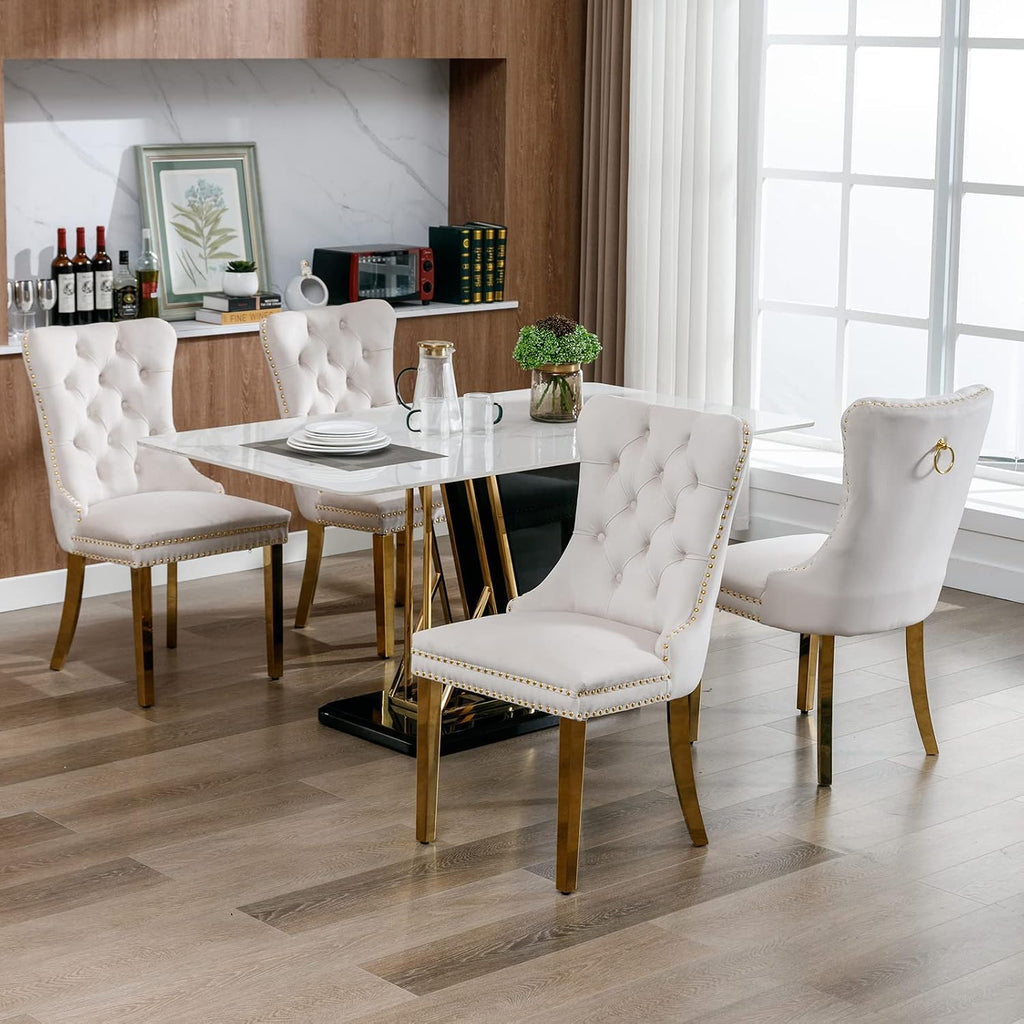 ODUSE-DAILY Velvet Dining Chairs Set of 4, Kitchen & Dining Room Chairs Set of 4, Tufted Dining Chairs, Velvet Upholstered, Golden Metal Legs (Beige)