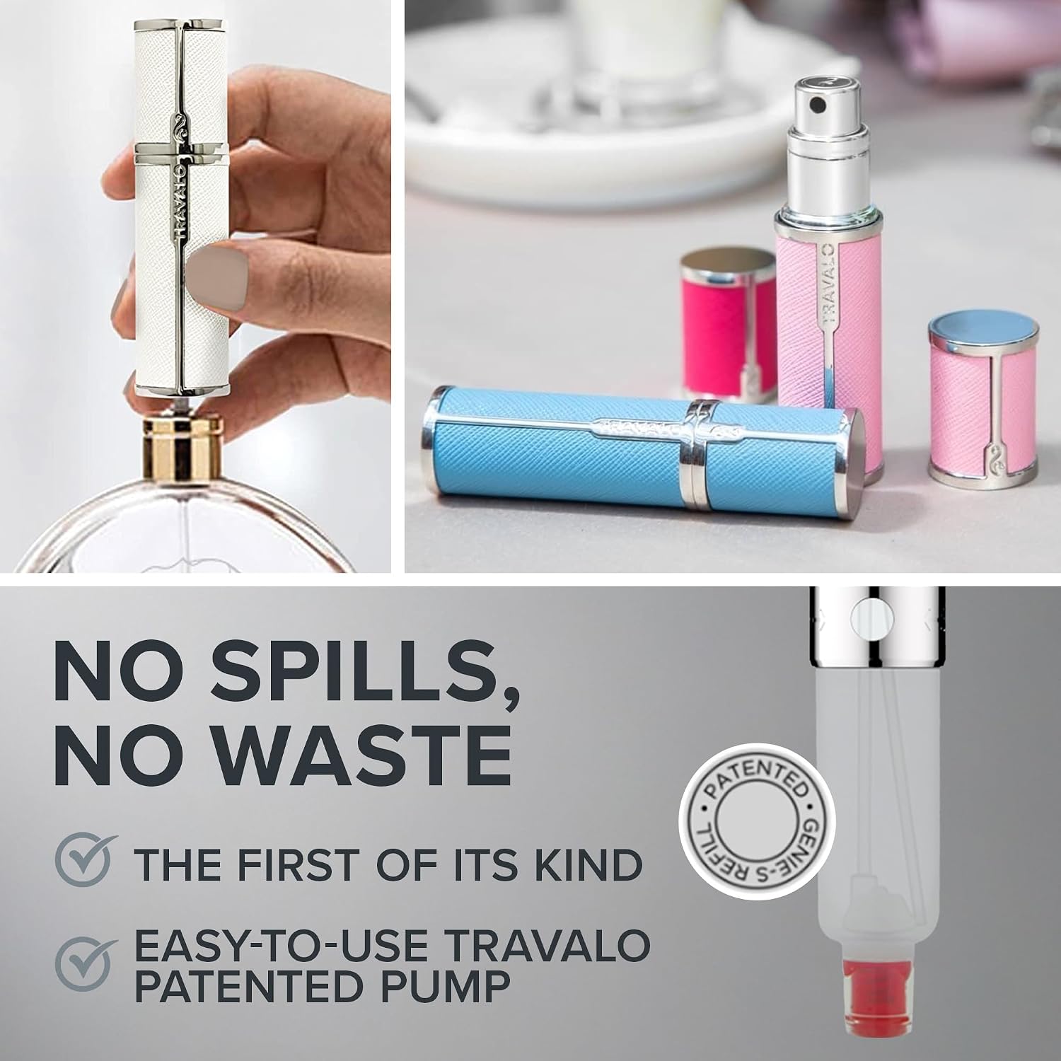 Travalo Milano Perfume Atomizer Bundle - Leak-Proof and TSA Approved for Air Travel - Reusable, Easy Fill Mini Pump Sprayer - Vegan Leather w/Polished Metal - White, Aqua, Perfect Pink - 3 Pack