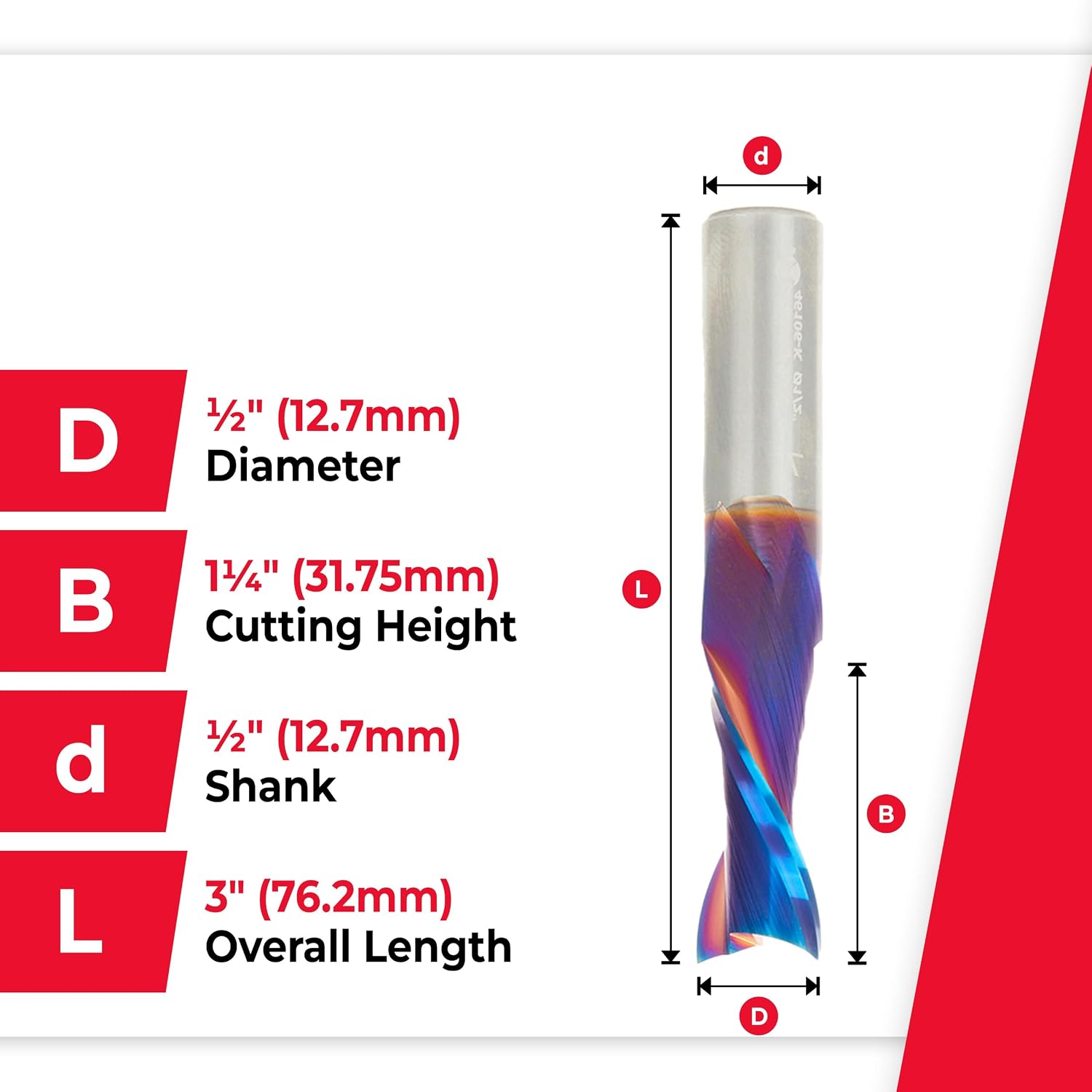 Amana Tool Spektra Extreme Tool Life Coated Solid Carbide Spiral Plunge Router Bit, 46106-K, 1/2 Dia x 1-1/4 CH x 1/2 Shank 3 Inch Long Up-Cut