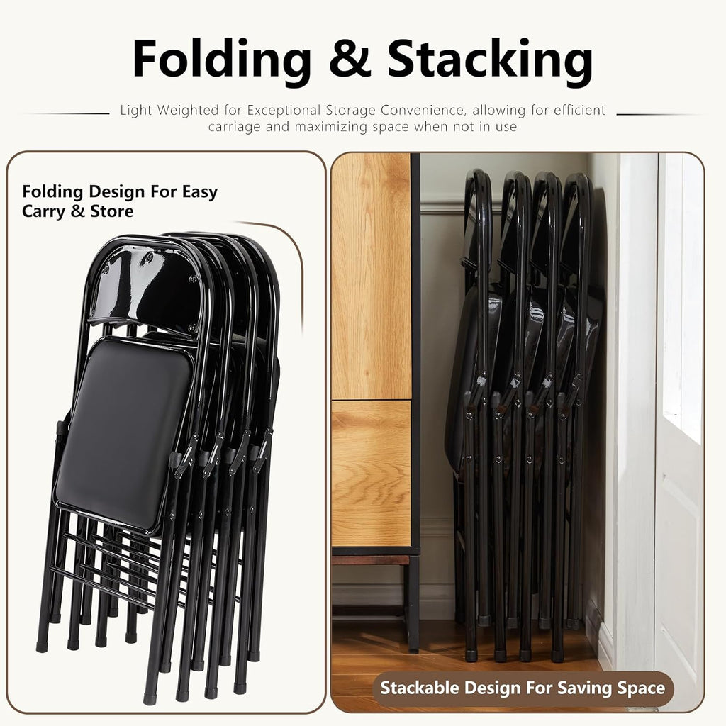 DUMOS 10 Pack Leather Padded Folding Chair, Indoor Outdoor Portable Stackable Commercial Seat with Steel Frame, Capacity for Home, Office, Party, Comfy, Black