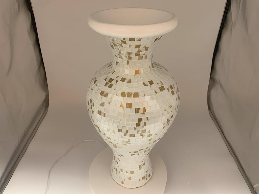Floor Vase, 24 Inch Mosaic Vase – Tall Cylinder Made of Terracotta with White and Gold Glass Mosaic Pieces – Handcrafted Decorative Home Décor Accent Piece for Bedroom, Living Room, Office