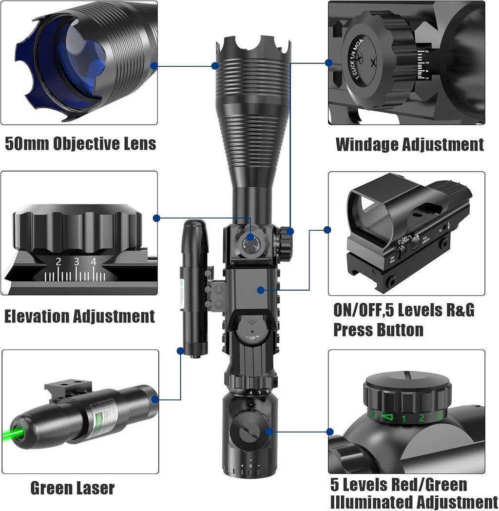 UUQ 4-16x50 Tactical Rifle Scope Red/Green Illuminated Range Finder Reticle W/Laser Sight and Holographic Reflex Dot Sight