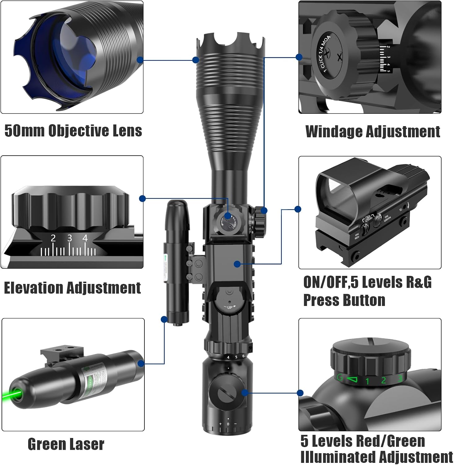 UUQ 4-16x50 Tactical Rifle Scope Red/Green Illuminated Range Finder Reticle W/Laser Sight and Holographic Reflex Dot Sight