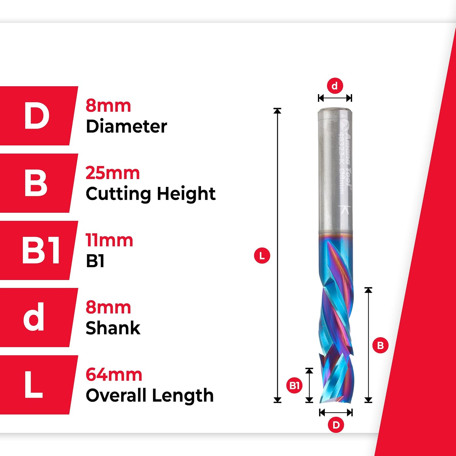 Amana Tool Spektra Extreme Tool Life Solid Carbide CNC Compression Spiral Router Bit, 48323-K-M, 8mm D x 25mm CH x 8mm Shank x 64mm Long 3 Flute