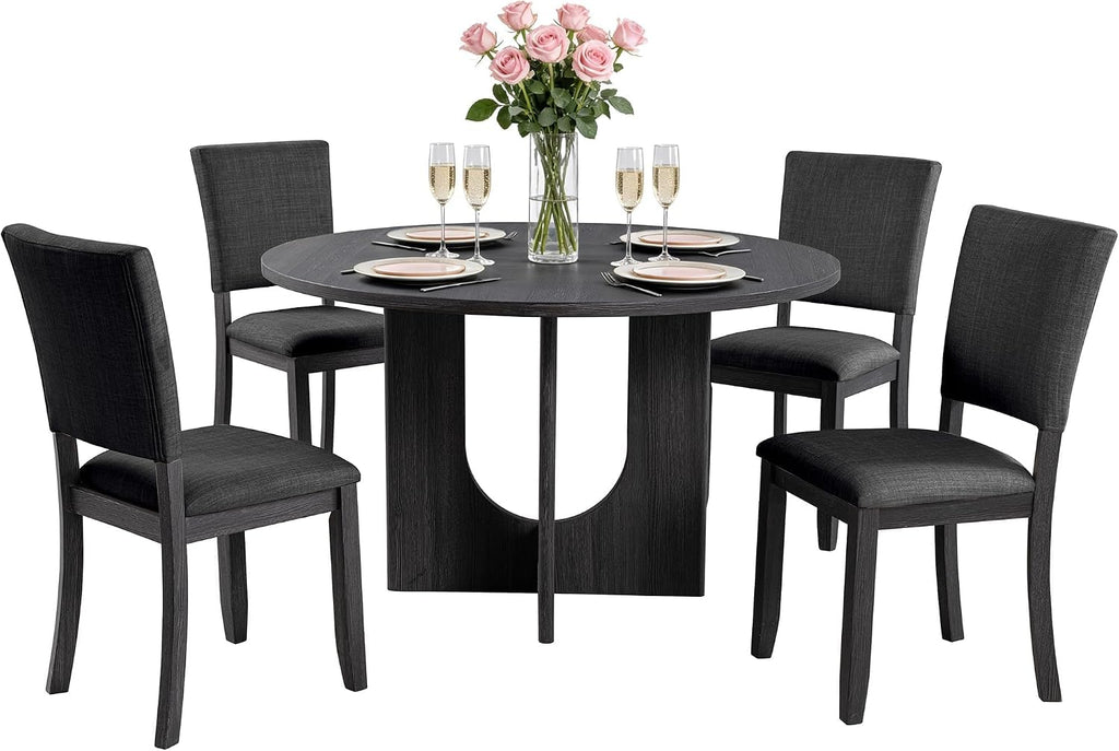 leovanni Round Dining Table Set for 4, Kitchen Table with 4 Upholstered Chairs, 5-Piece Wood Dining Table and Chairs Set for Kitchen, Dining Room, Living Room, Dark Gray