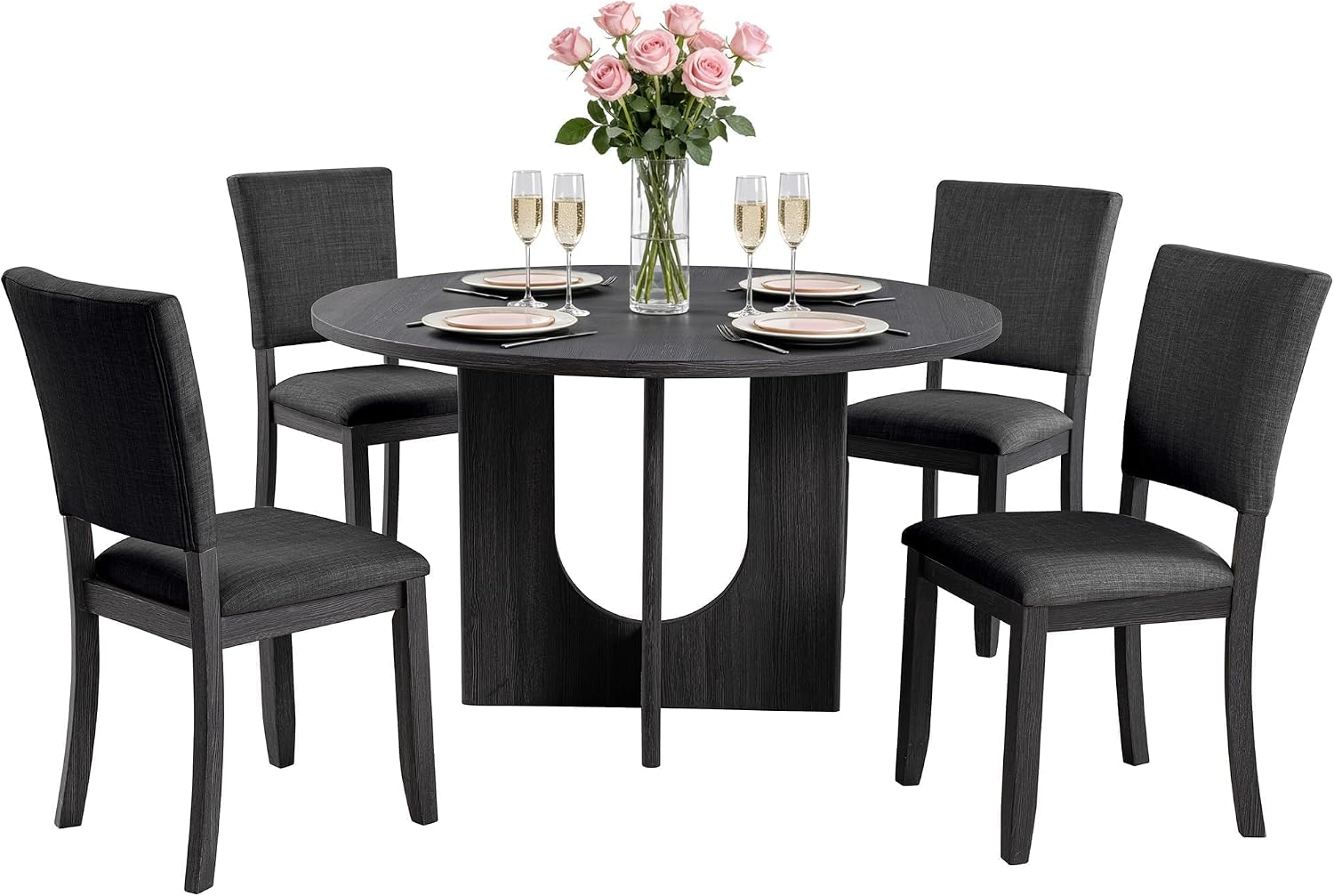 leovanni Round Dining Table Set for 4, Kitchen Table with 4 Upholstered Chairs, 5-Piece Wood Dining Table and Chairs Set for Kitchen, Dining Room, Living Room, Dark Gray