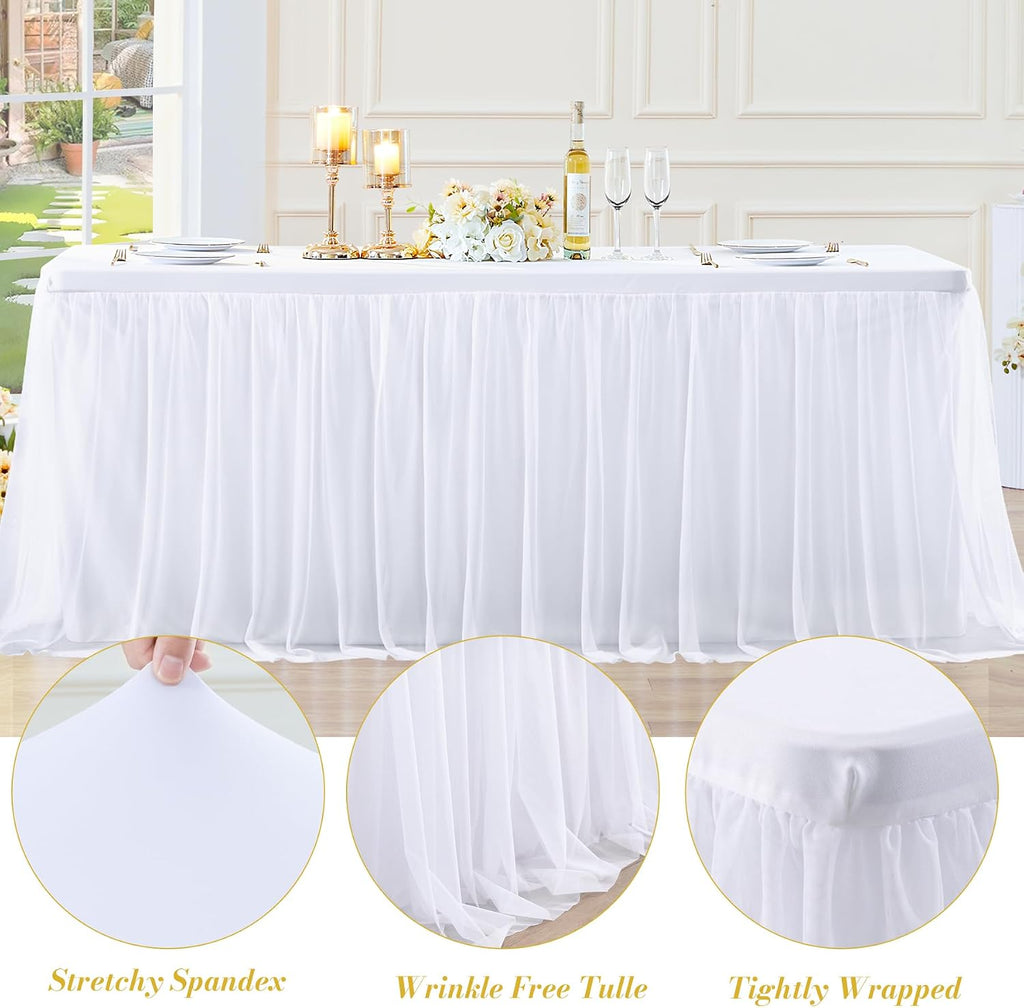 6 Pack White Table Cloth for 6 Foot Rectangle Tables, White Stretch Fitted Tulle Table Covers Skirt, Rectangular Ruffle Tutu Tablecloth Wedding Banquet Baby Shower Cake Tablecloths Decorations