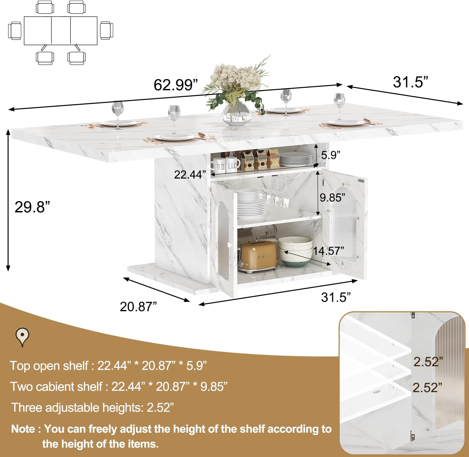 HSH Dining Table for 4–6, 63' Modern Kitchen Dining Room Table with Storage Shelves & Acrylic Door Cabinet,Wood Rectangle Dinner Table with Faux Marble Top for Home Apartment, White Faux Marble