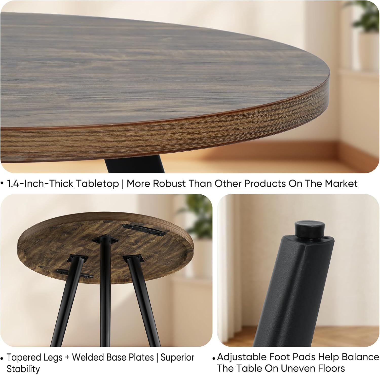 Round Dining Table, Small Dining Table for 2, 31.5' Round Table, Mid-Century Modern Kitchen Table with 1.4' Thickness Wood Grain Tabletop for or Small Space, Dining Room, Kitchen, UG Rustic Brown