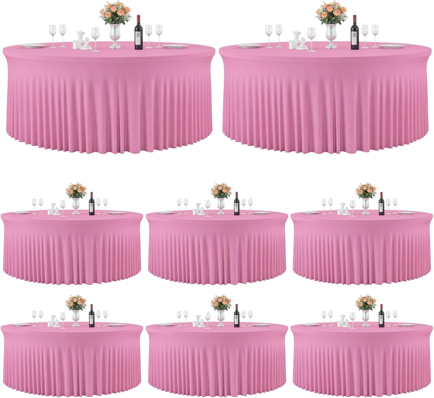 8 Pack Pink Table Cloths for 5FT Round Tables, Fitted Spandex 120 inch Round Tablecloth, Wrinkle Free Pink Table Skirt for Receptions Birthday Photography Social Events Engagement Party Decorations