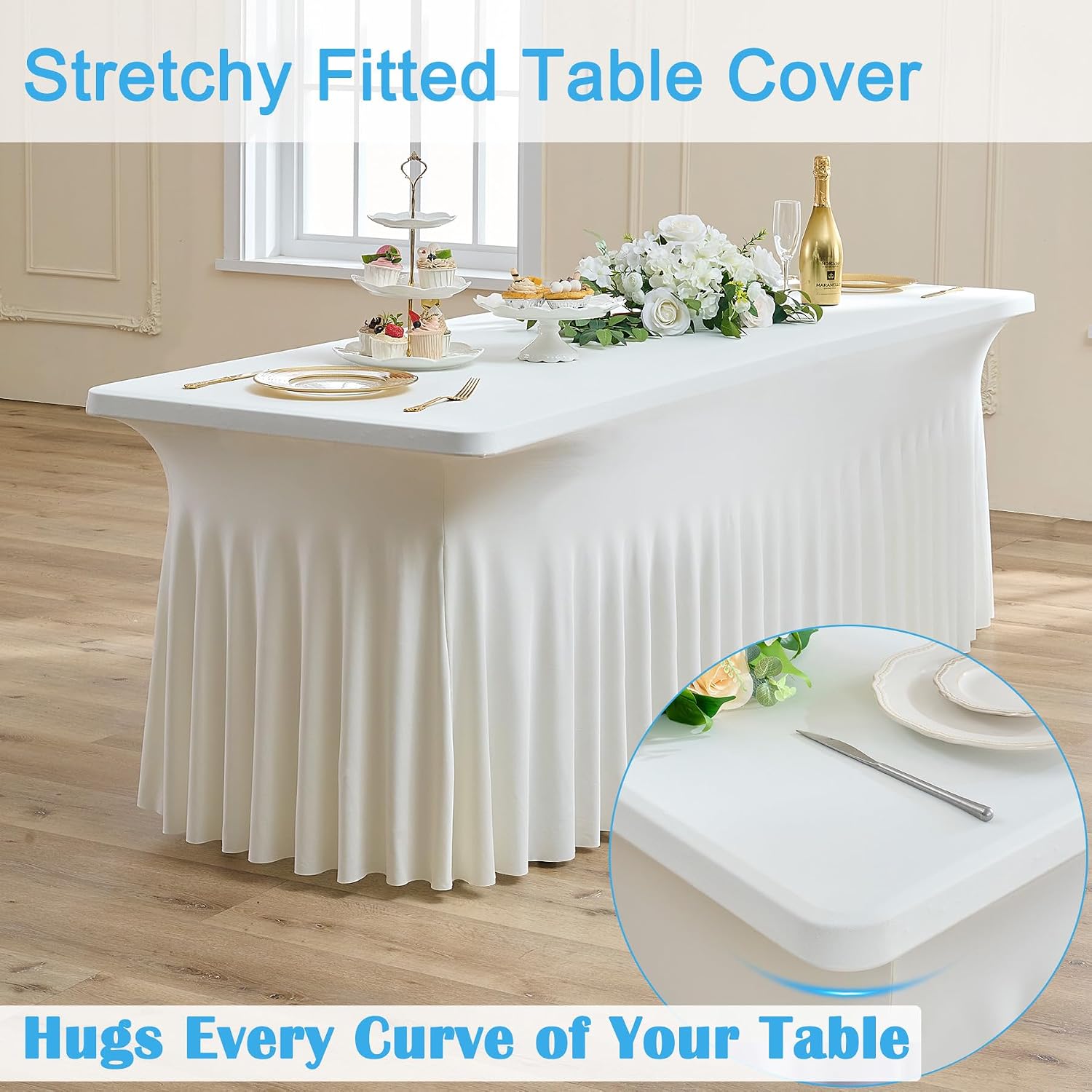 CO-AVE 8pack Ivory Spandex Tablecloths 6ft for Rectangle Tables, Wrinkle Free Classy Table Skirt Stretchy 6 Foot Fitted Table Cloths Covers for Weddings Birthday Party Events Banquette Baby Shower