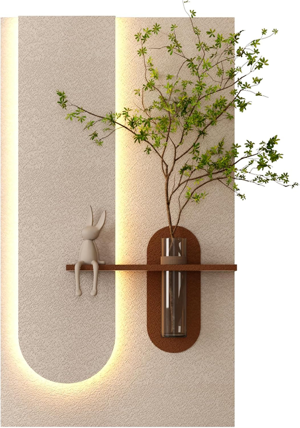 Montary 3D Sandstone Entryway Decor Art Painting, Modern LED Wall Decor Sculpture with Artificial Plants, Glass Vase & Rabbit Statue, Remote Control 3-Color Light for Living Room, Bedroom, Hallway