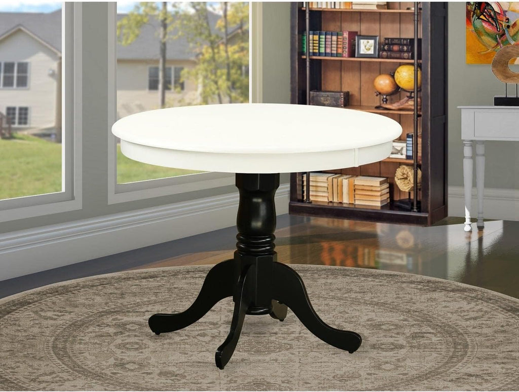 East West Furniture ANT-LBK-TP Antique Modern Kitchen Table - a Round Dining Table Top with Pedestal Base, 36x36 Inch, Linen White & Black