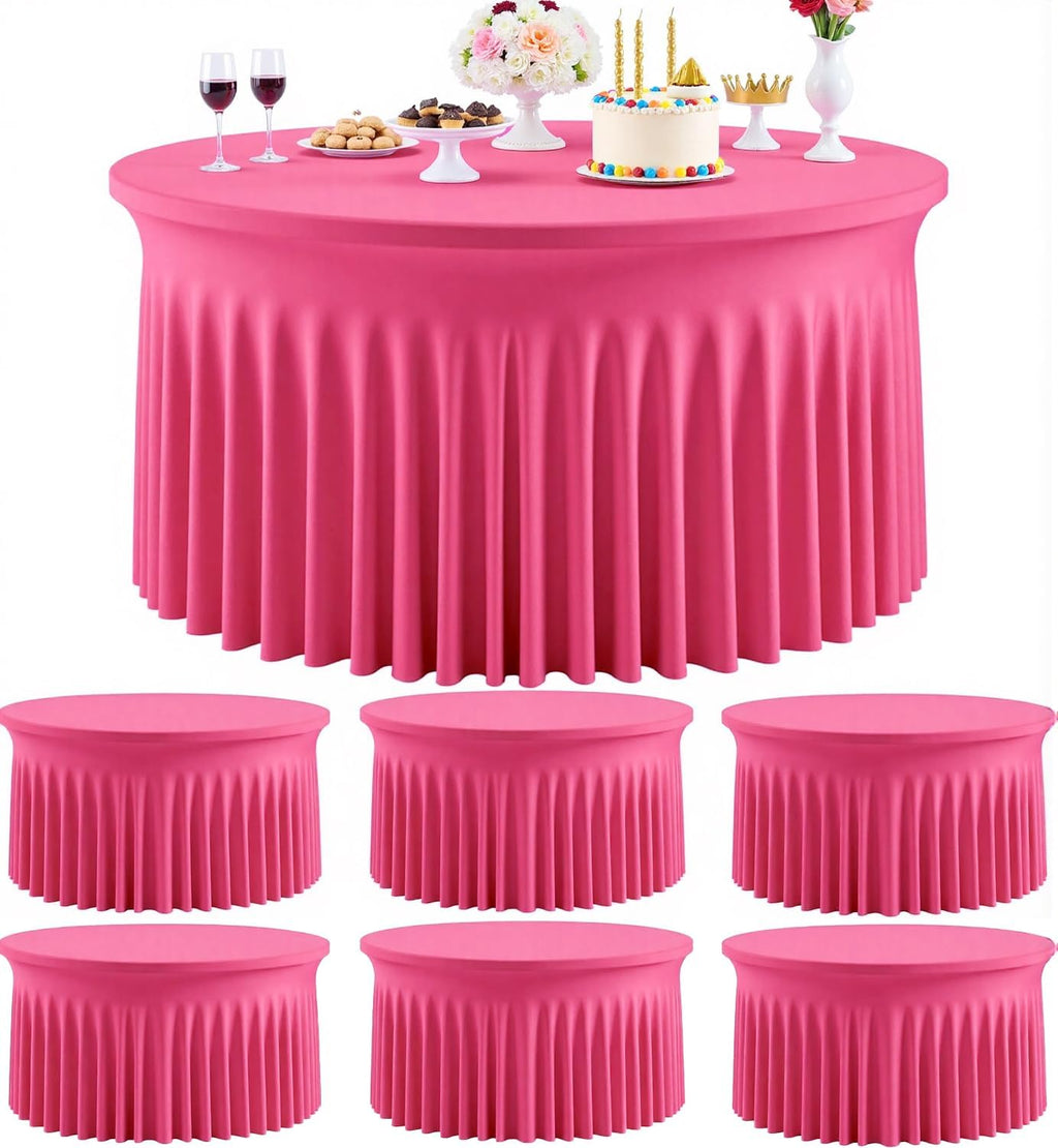 Outpain 6 Pack Spandex Hot Pink Round Tablecloths for 60in Tables, 120Inch Stretchy Fitted 5FT Round Table Clothes,Wrinkle Free Table Cover with Skirt for Wedding Party Dining Banquet