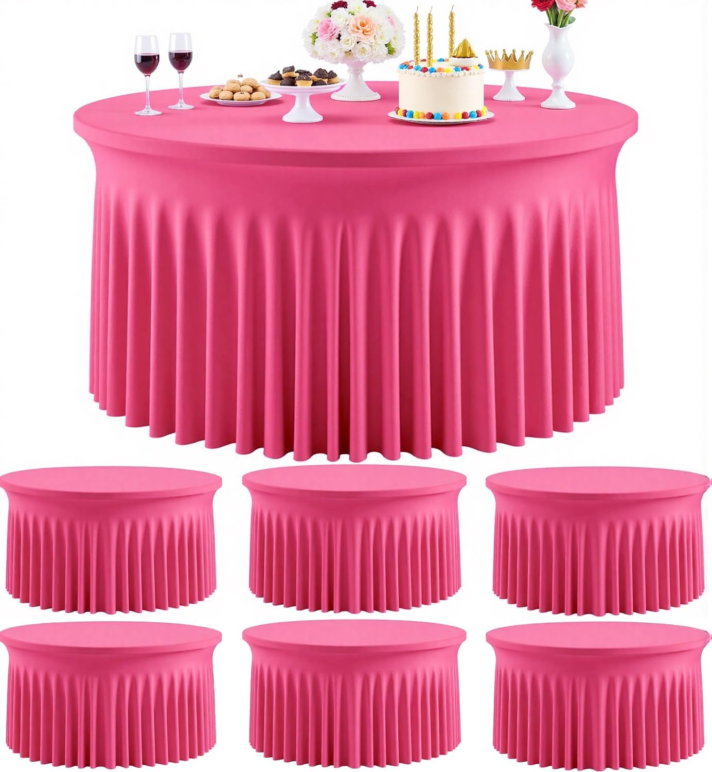 Outpain 6 Pack Spandex Hot Pink Round Tablecloths for 60in Tables, 120Inch Stretchy Fitted 5FT Round Table Clothes,Wrinkle Free Table Cover with Skirt for Wedding Party Dining Banquet