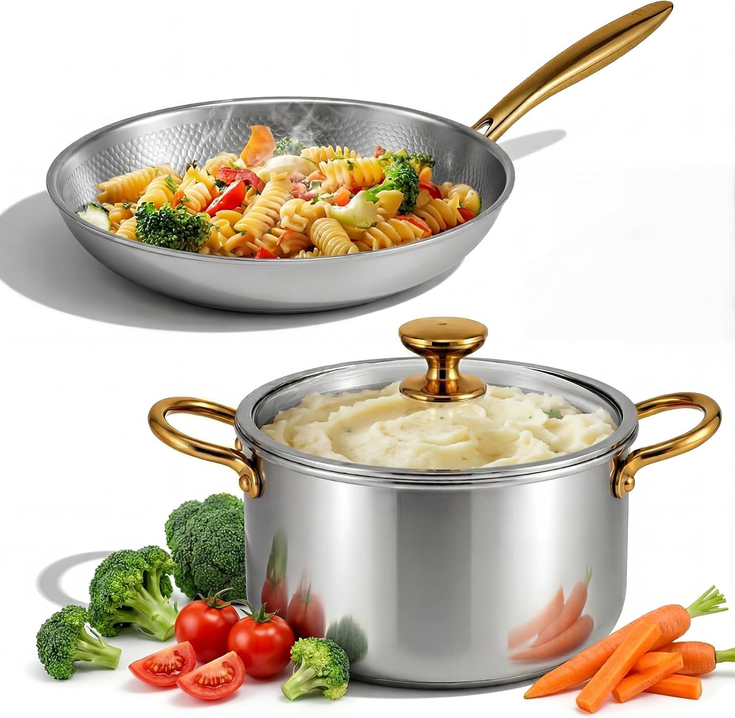 LemonRoad 2 Pieces Titanium Cookware Set, 11'' and 9.45'' Pots and Pans with Lids Triply Titanium No Coat Technology Safe for Oven, Induction and Cook Tops, Dishwasher Safe (Pan and Soup Pot)