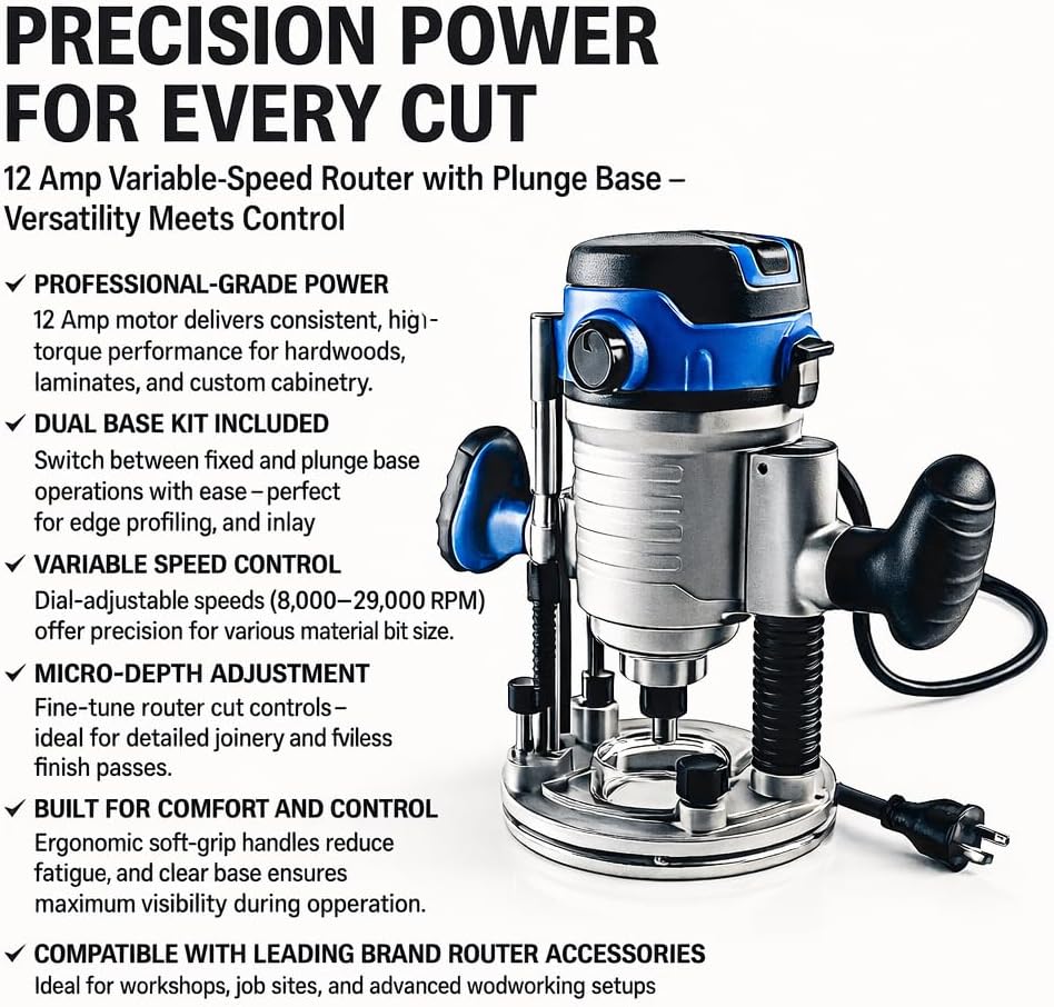 12 Amp Variable-Speed Fixed Base Router with Plunge Base Kit (HE041), 10,000–25,000 RPM, Soft Start, Microfine Depth Control – Compatible with HERCULES Routers